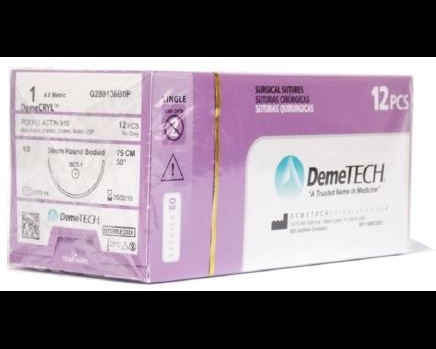 Demecryl (polyglactin 910) 1 Ct-1 Aguja 1/2 Curva Redonda 36mm, Hebra 75cm Demetech